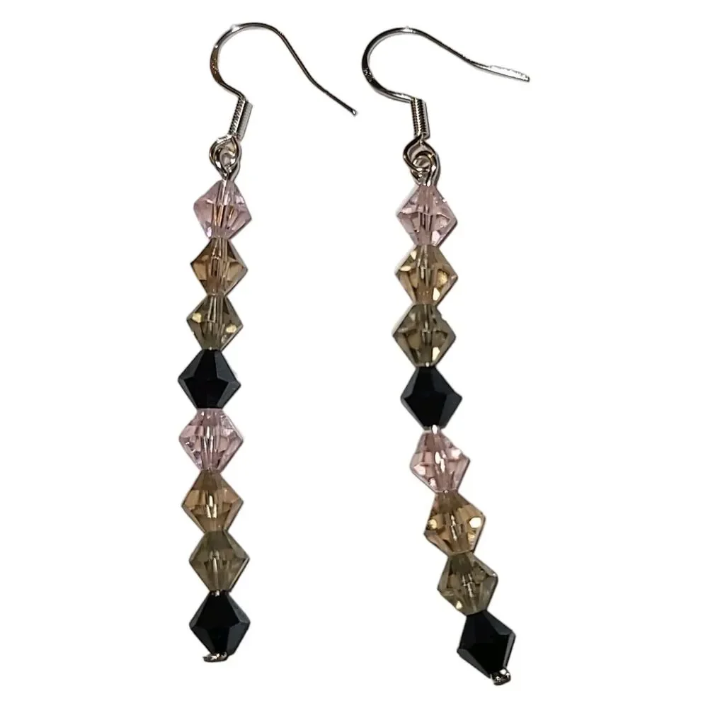 Sterling‎ Silver 925 Black Champagne & Pink Crystal Glass Drop Dangle Earrings